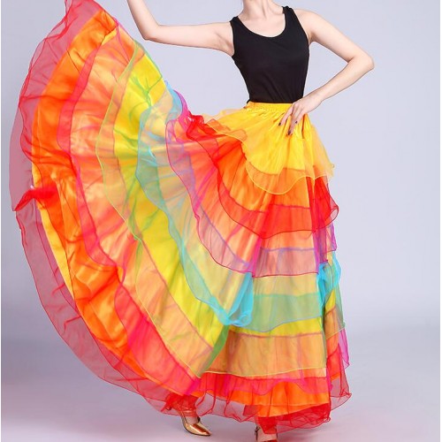 Women'g girls rainbow flamenco skirts stage performance ballroom opening dance half skirts